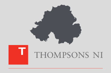 thompsons solicitors logo on light grey background with dark grey outline of northern ireland